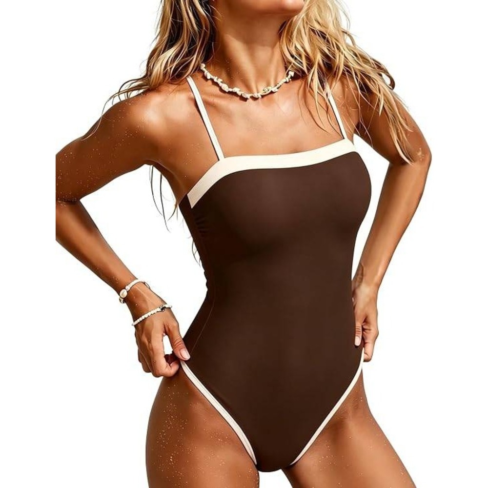 SUUKSESS Women Brown Cream Lace Up Back One Piece Swimsuit Size Large Ruched